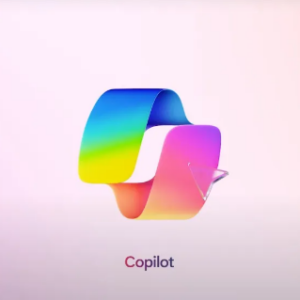 Colourful, twisted ribbon-like shape with a gradient of blue, green, yellow, orange, pink, and purple. Below it, the word “Copilot” appears in a gradient from dark blue to red.