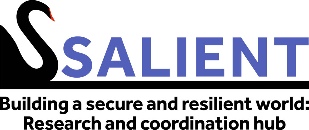 Logo featuring the word “SALIENT” in large blue letters with a stylised black swan to the left. Below is a black horizontal line, and beneath it, the tagline reads: “Building a secure and resilient world: Research and coordination hub