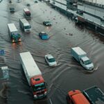 Flooded cars and roads in the city