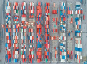 Rows of shipping containers viewed from above