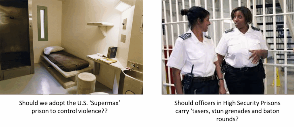 A split-screen image. The left side shows a minimalistic prison cell with a bed, shelf, and sink, accompanied by the caption: 'Should we adopt the U.S. 'Supermax' prison to control violence??' The right side shows two uniformed officers standing in front of prison bars, with the caption: 'Should officers in High Security Prisons carry 'tasers', stun grenades and baton rounds?