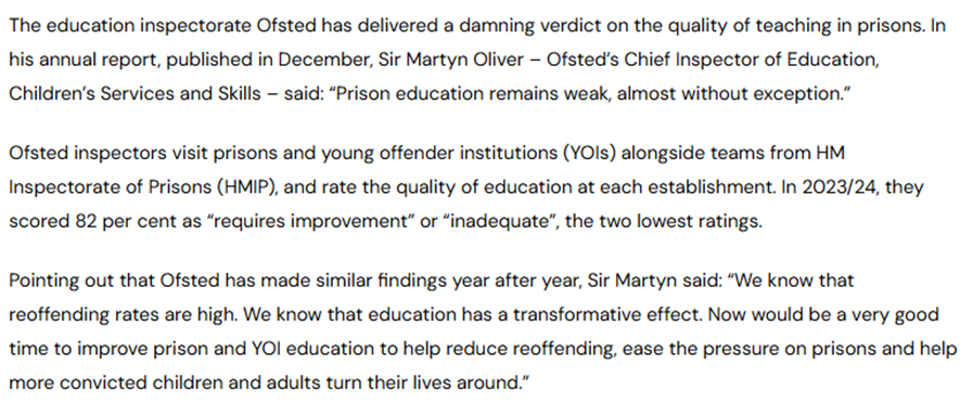 A newspaper clipping from the 'Inside Times' discussing Ofsted’s 2023/24 annual report on prison education. The article highlights Ofsted Chief Inspector Sir Martyn Oliver’s statement that 'Prison education remains weak, almost without exception.' It notes that 82% of inspected prisons and young offender institutions were rated as 'requires improvement' or 'inadequate.' The article emphasizes the repeated nature of these findings and the potential of education to reduce reoffending and support rehabilitation