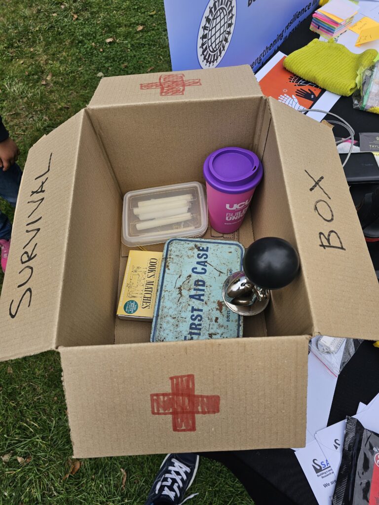 An open cardboard box labeled 'SURVIVAL BOX' with a red cross symbol, containing various items including a plastic container with white candles, a pack of Cook's Matches, a blue metal tin labeled 'FIRST AID CASE,' a purple cup and a horn.