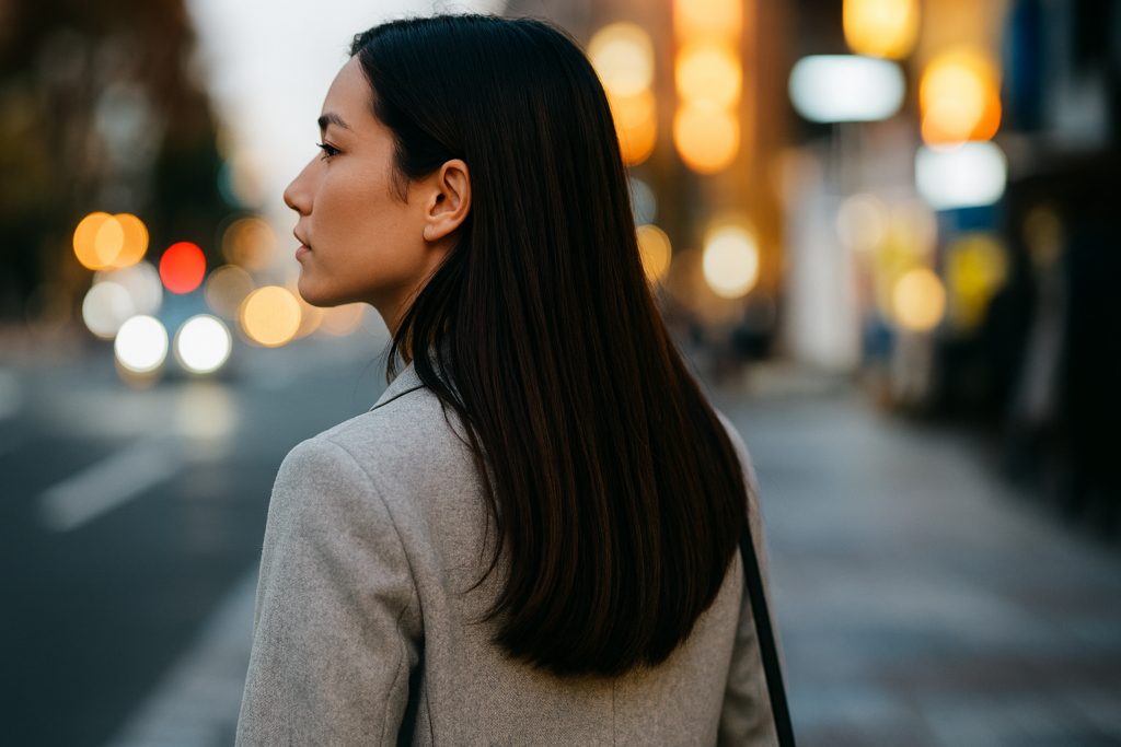 a person walking through an urban street scene with soft evening lighting