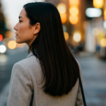 a person walking through an urban street scene with soft evening lighting