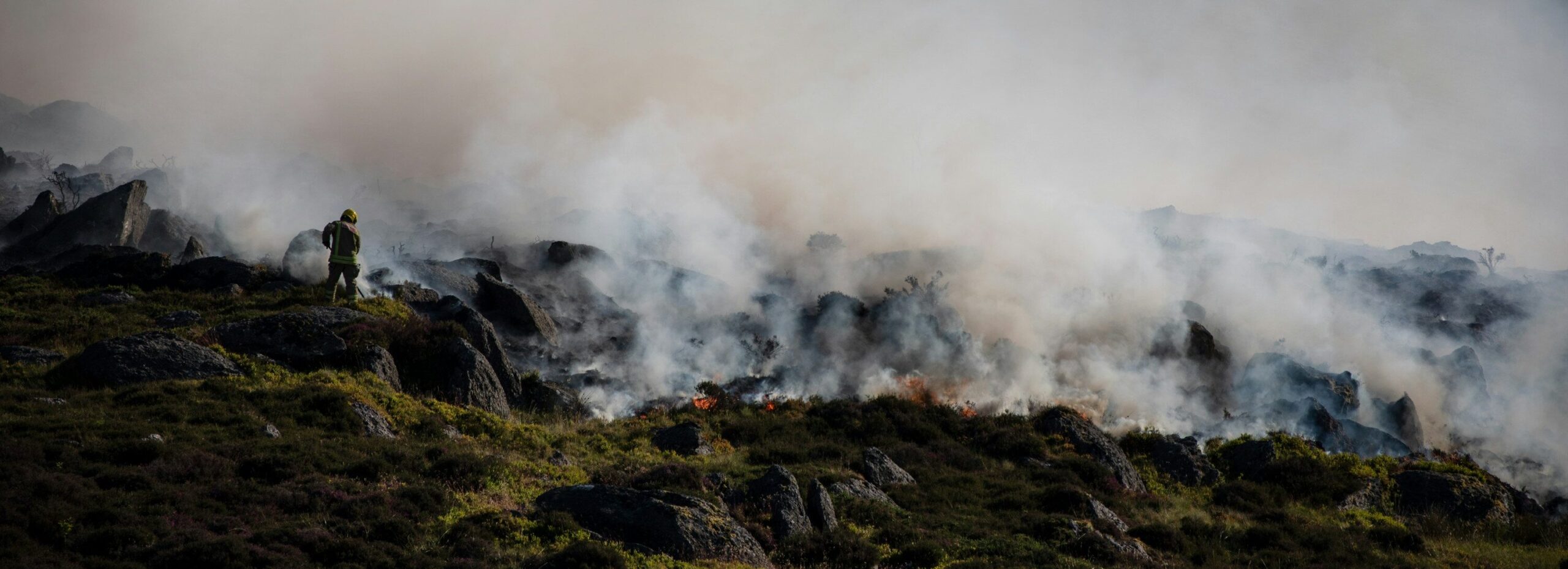 Firefighter tackling a moorland fire.